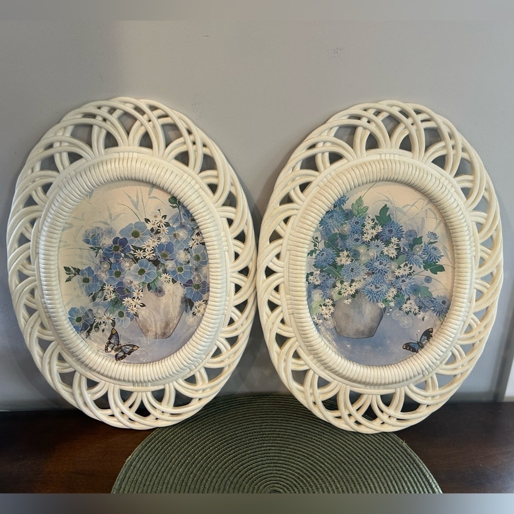 2-Vintage 1970s Burwood #8555 Faux Bamboo Flower Botanical Pictures Framed Decor